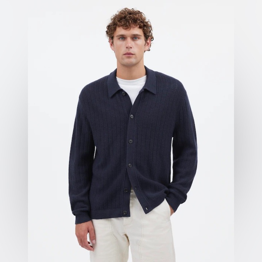 Madewell Button-Up Long-Sleeve Polo Shirt Cardigan in Navy Merino Wool Sz M